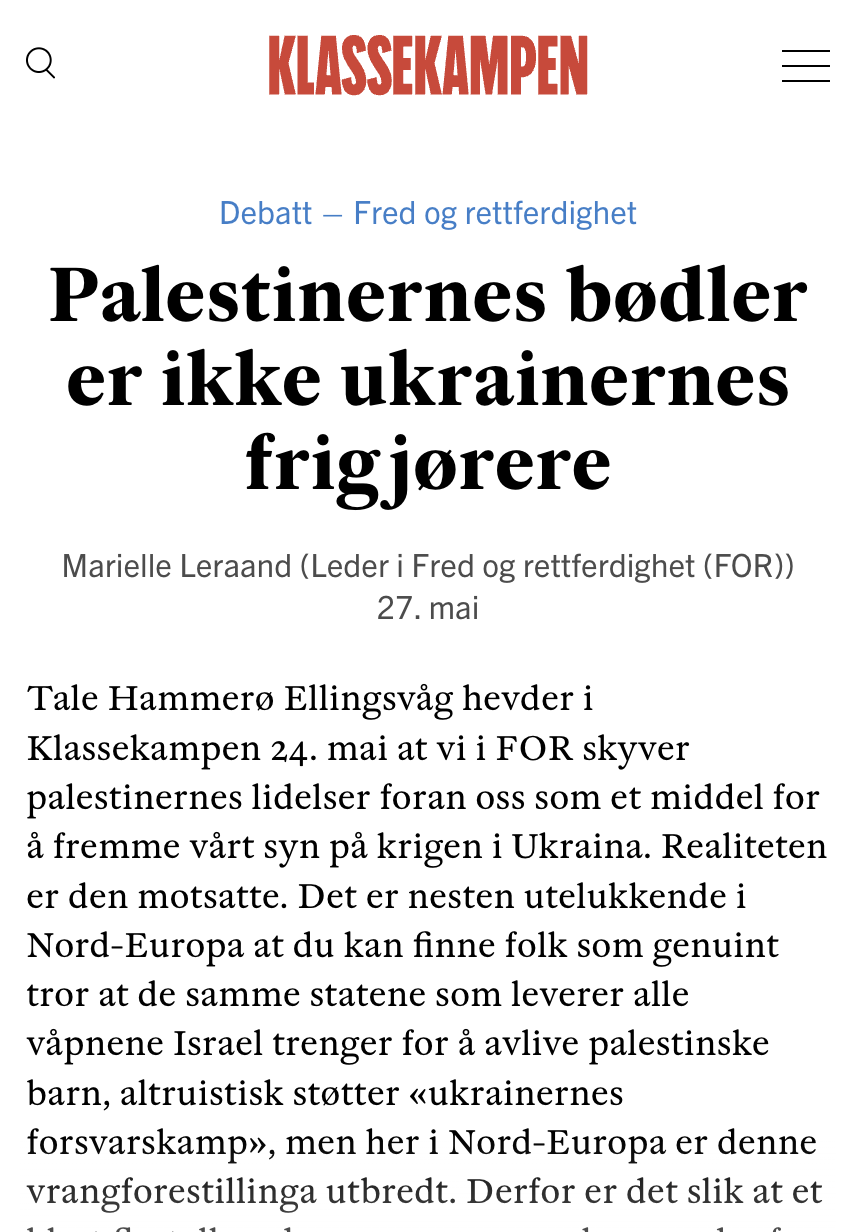Klassekampen: Palestinernes bødler er ikke ukrainernes frigjørere