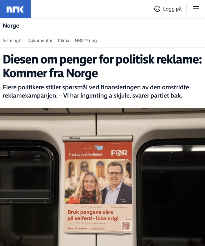 Diesen om penger for politisk reklame: Kommer fra Norge