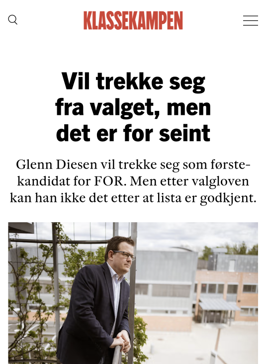 Glenn Diesen vil trekke seg fra valget, men det er for seint