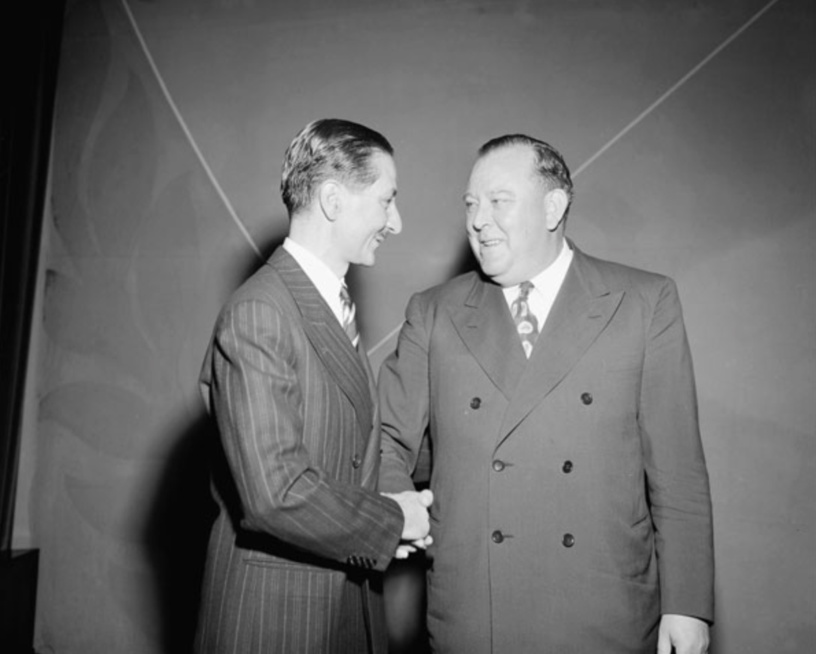 19 September 1950 - Fifth Session of United Nations General Assembly, New York: Mr. Trygve Lie (right), Secretary-General of the United Nations, and Ambassador Nasrollah Entezam (Iran), President of the Fifth Session of the General Assembly.