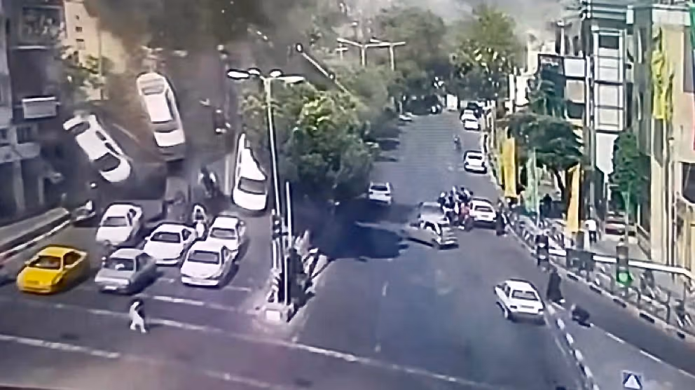 A frame from a new video showing the impact of an Israeli attack at Tehran's Tajrish (Quds) Square on June 15